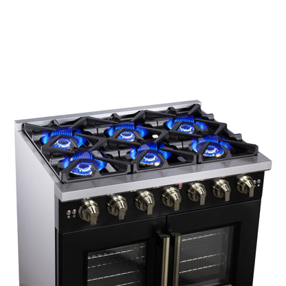 Forno Capriasca 36-Inch Black Freestanding French Door Gas Range, 6 Burners, Convection Oven, Energy Efficient - Forno Appliances