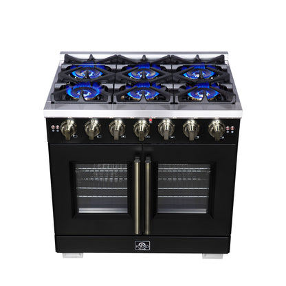 Forno Capriasca 36-Inch Black Freestanding French Door Gas Range, 6 Burners, Convection Oven, Energy Efficient - Forno Appliances