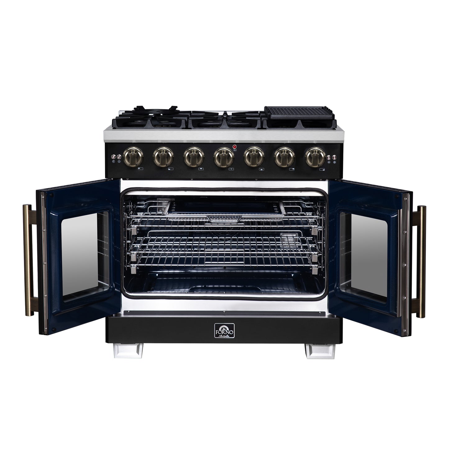 Forno Capriasca 36-Inch Black Freestanding French Door Gas Range, 6 Burners, Convection Oven, Energy Efficient - Forno Appliances