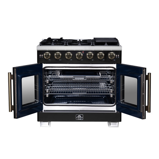 Forno Capriasca 36-Inch Black Freestanding French Door Gas Range, 6 Burners, Convection Oven, Energy Efficient - Forno Appliances