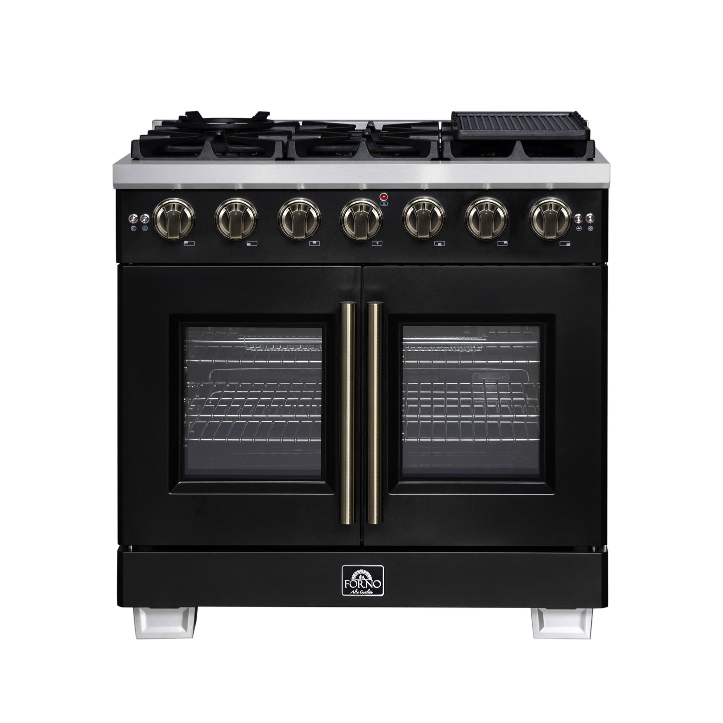 Forno Capriasca 36-Inch Black Freestanding French Door Gas Range, 6 Burners, Convection Oven, Energy Efficient - Forno Appliances