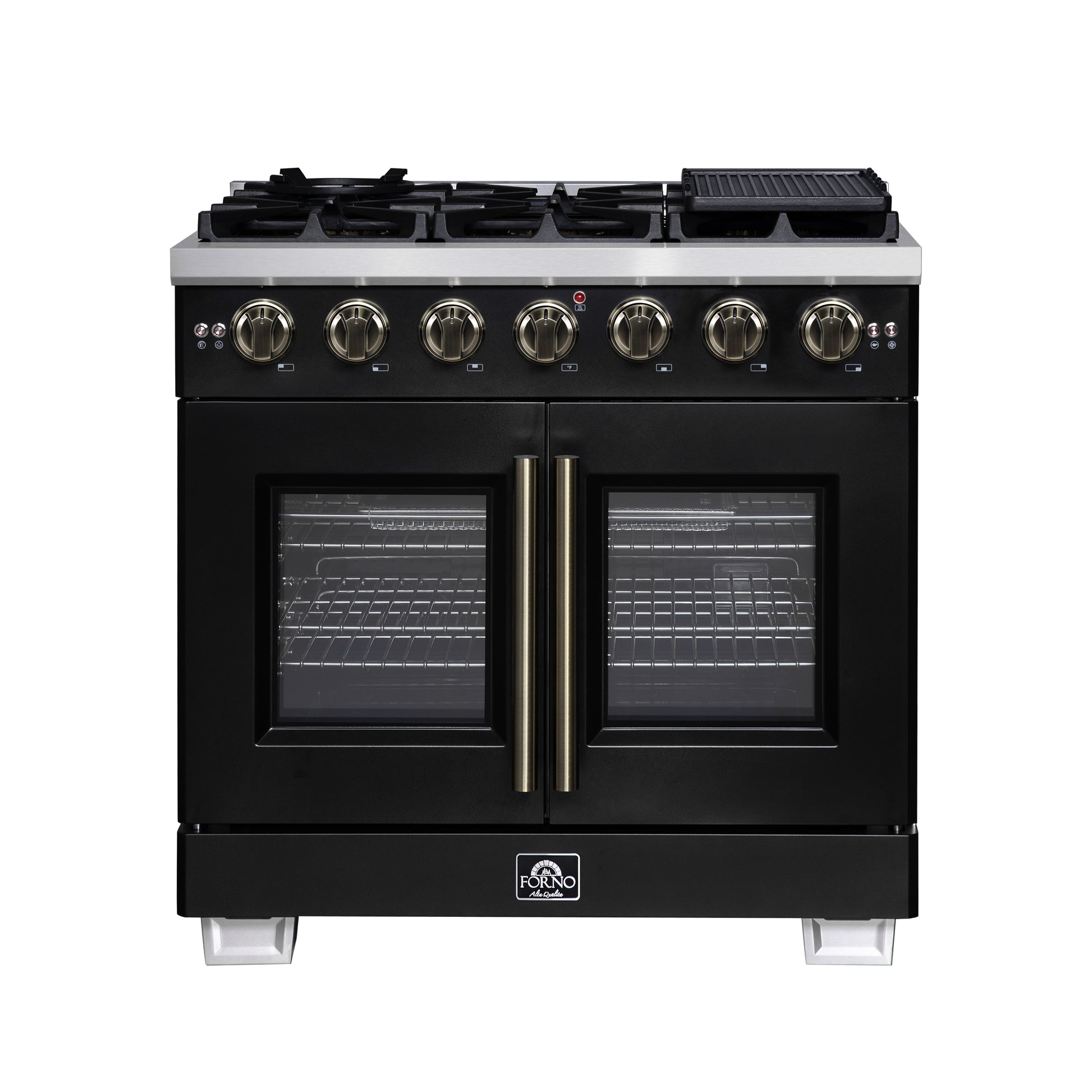 Forno Capriasca 36-Inch Black Freestanding French Door Gas Range, 6 Burners, Convection Oven, Energy Efficient - Forno Appliances