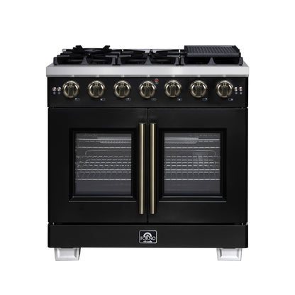 Forno Capriasca 36-Inch Black Freestanding French Door Gas Range, 6 Burners, Convection Oven, Energy Efficient - Forno Appliances