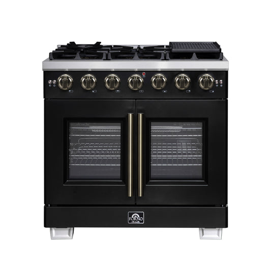 Forno Capriasca 36-Inch Black Freestanding French Door Gas Range, 6 Burners, Convection Oven, Energy Efficient - Forno Appliances