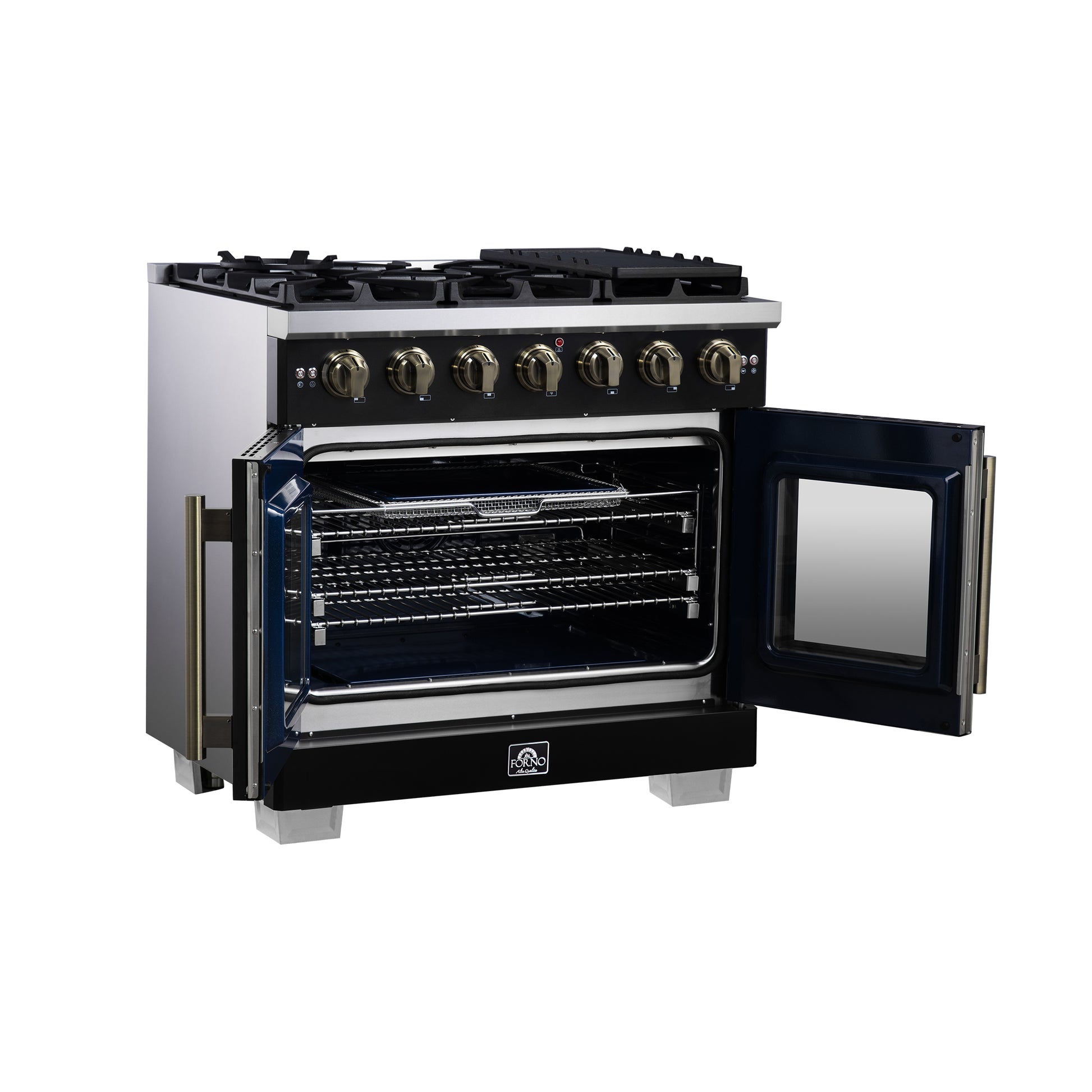 Forno Capriasca 36-Inch Black Freestanding French Door Gas Range, 6 Burners, Convection Oven, Energy Efficient - Forno Appliances