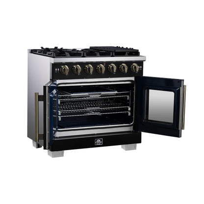 Forno Capriasca 36-Inch Black Freestanding French Door Gas Range, 6 Burners, Convection Oven, Energy Efficient - Forno Appliances