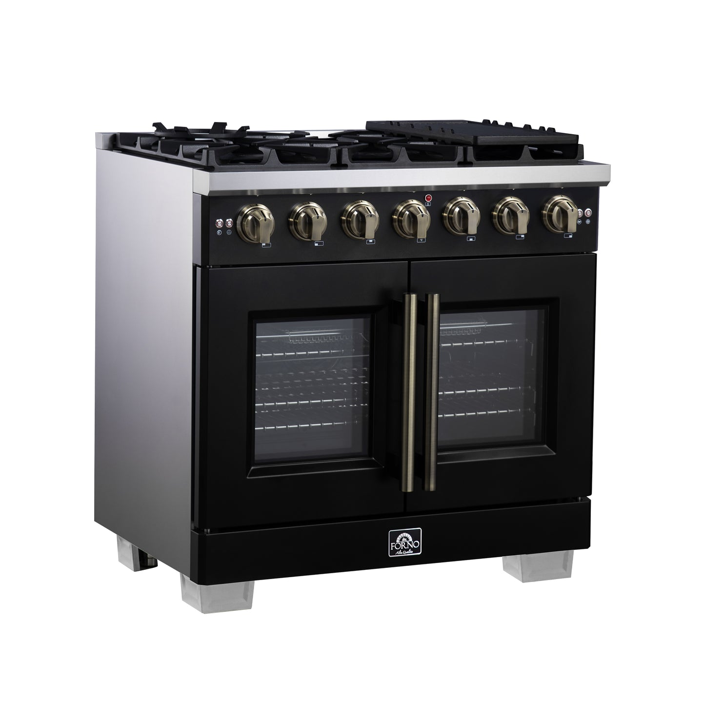Forno Capriasca 36-Inch Black Freestanding French Door Gas Range, 6 Burners, Convection Oven, Energy Efficient - Forno Appliances