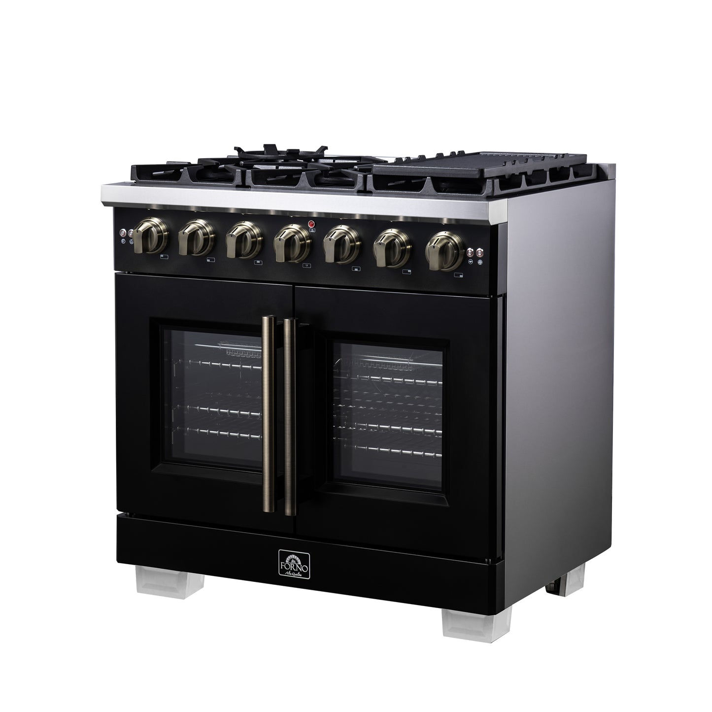 Forno Capriasca 36-Inch Black Freestanding French Door Gas Range, 6 Burners, Convection Oven, Energy Efficient - Forno Appliances