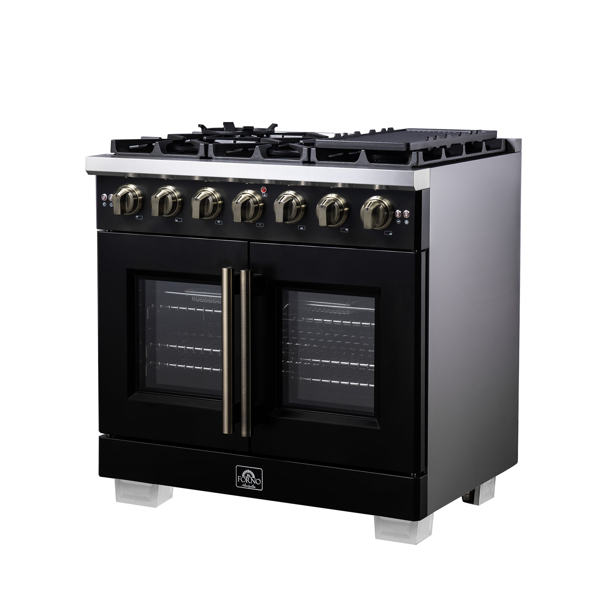 Forno Capriasca 36-Inch Black Freestanding French Door Gas Range, 6 Burners, Convection Oven, Energy Efficient - Forno Appliances
