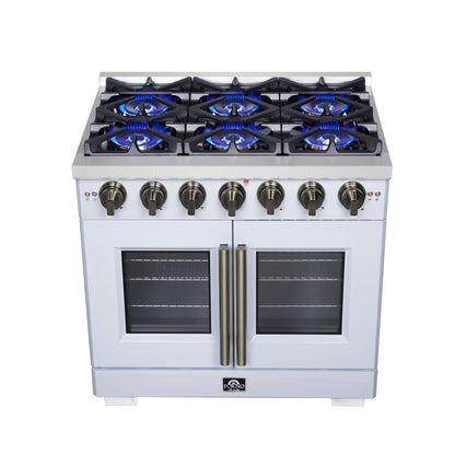 Forno Capriasca 36-Inch White Freestanding French Door Gas Range, 6 Burners, Convection Oven, Energy Efficient - Forno Appliances