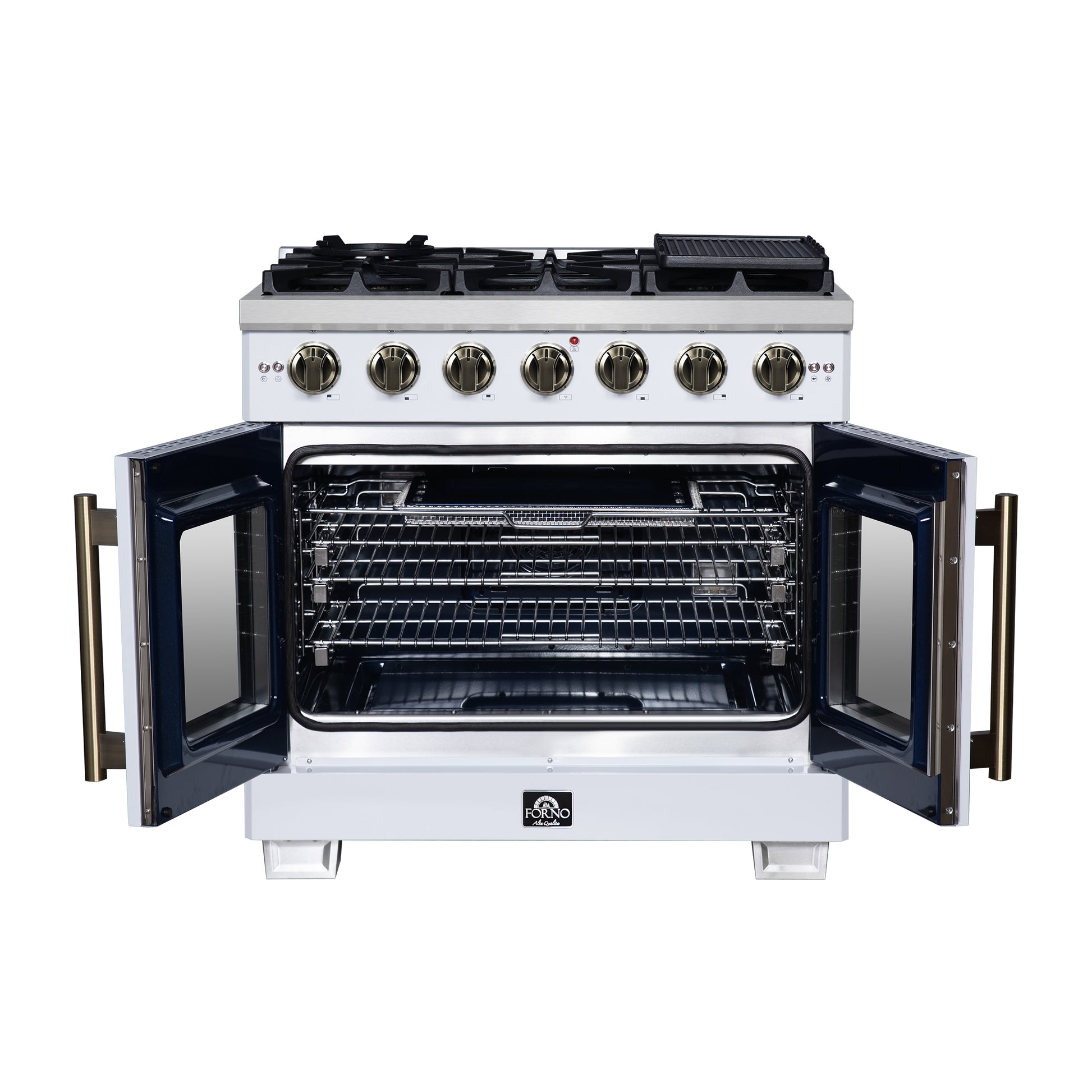 Forno Capriasca 36-Inch White Freestanding French Door Gas Range, 6 Burners, Convection Oven, Energy Efficient - Forno Appliances