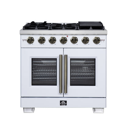 Forno Capriasca 36-Inch White Freestanding French Door Gas Range, 6 Burners, Convection Oven, Energy Efficient - Forno Appliances