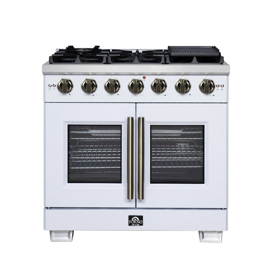 Forno Capriasca 36-Inch White Freestanding French Door Gas Range, 6 Burners, Convection Oven, Energy Efficient - Forno Appliances