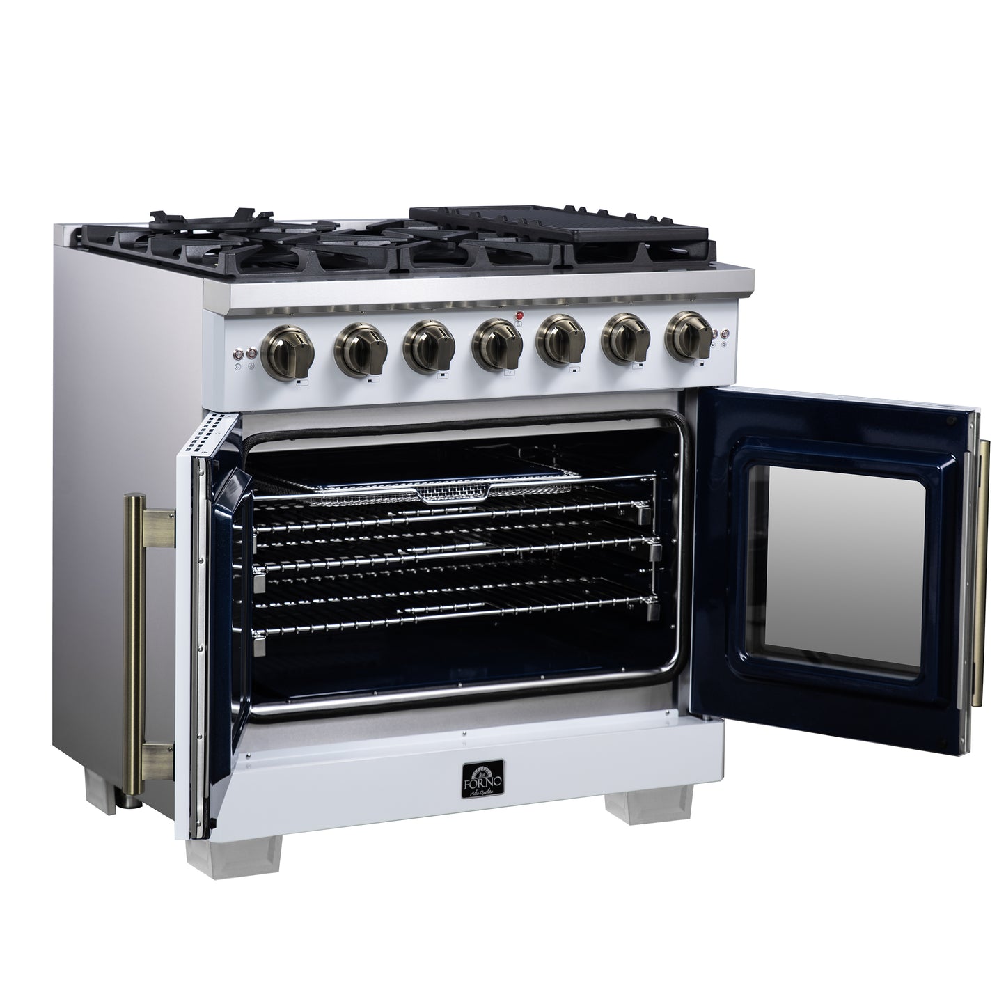 Forno Capriasca 36-Inch White Freestanding French Door Gas Range, 6 Burners, Convection Oven, Energy Efficient - Forno Appliances