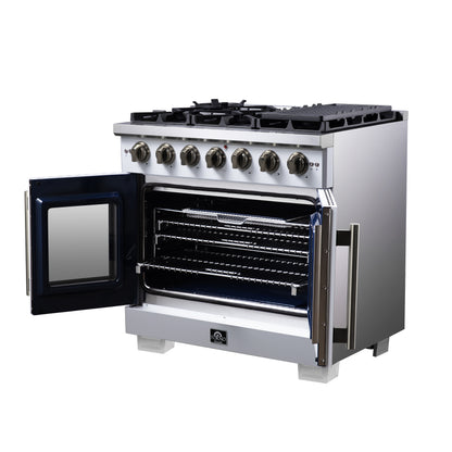 Forno Capriasca 36-Inch White Freestanding French Door Gas Range, 6 Burners, Convection Oven, Energy Efficient - Forno Appliances