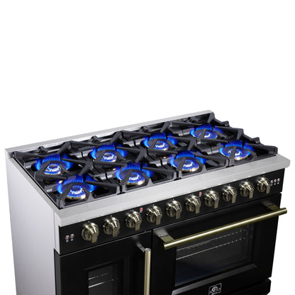 Forno Capriasca 48-Inch Black Freestanding French Door Gas Range, 8 Burners, Convection Oven, Energy Efficient