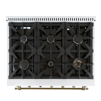 Forno Antico 36-Inch Freestanding Gas Range, White, Antique Brass Design, 6 Burners, Convection Oven, Energy Efficient - Forno Appliances