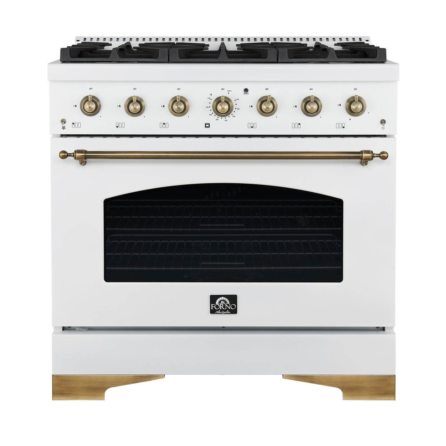 Forno Antico 36-Inch Freestanding Gas Range, White, Antique Brass Design, 6 Burners, Convection Oven, Energy Efficient - Forno Appliances