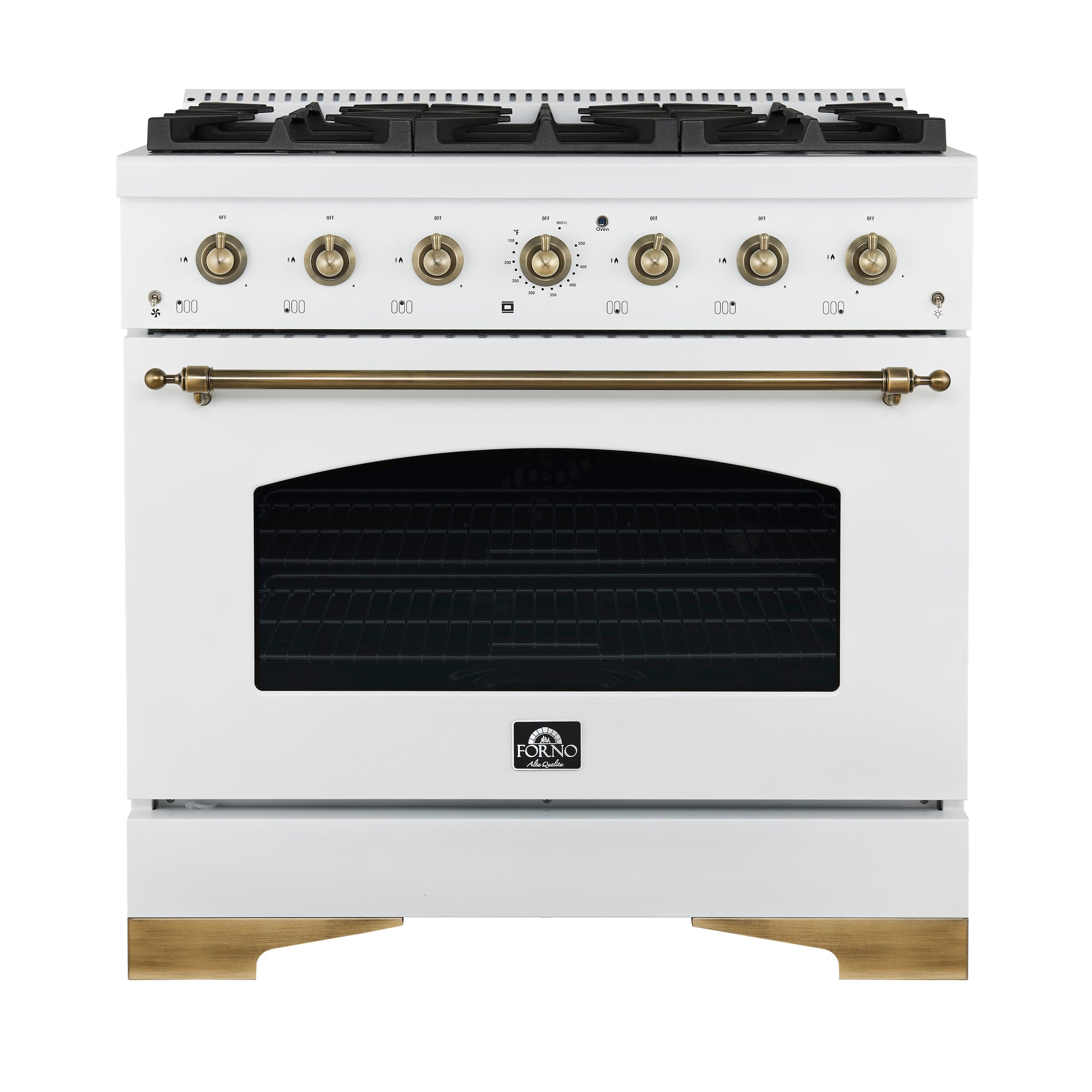 Forno Antico 36-Inch Freestanding Gas Range, White, Antique Brass Design, 6 Burners, Convection Oven, Energy Efficient - Forno Appliances