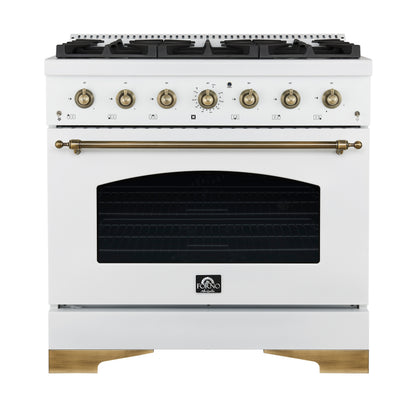 Forno Antico 36-Inch Freestanding Gas Range, White, Antique Brass Design, 6 Burners, Convection Oven, Energy Efficient - Forno Appliances
