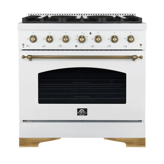 Forno Antico 36-Inch Freestanding Gas Range, White, Antique Brass Design, 6 Burners, Convection Oven, Energy Efficient - Forno Appliances