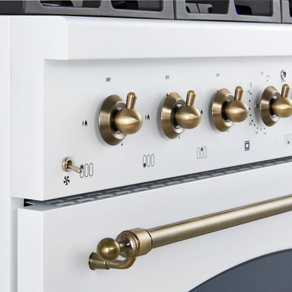 Forno Antico 36-Inch Freestanding Gas Range, White, Antique Brass Design, 6 Burners, Convection Oven, Energy Efficient - Forno Appliances