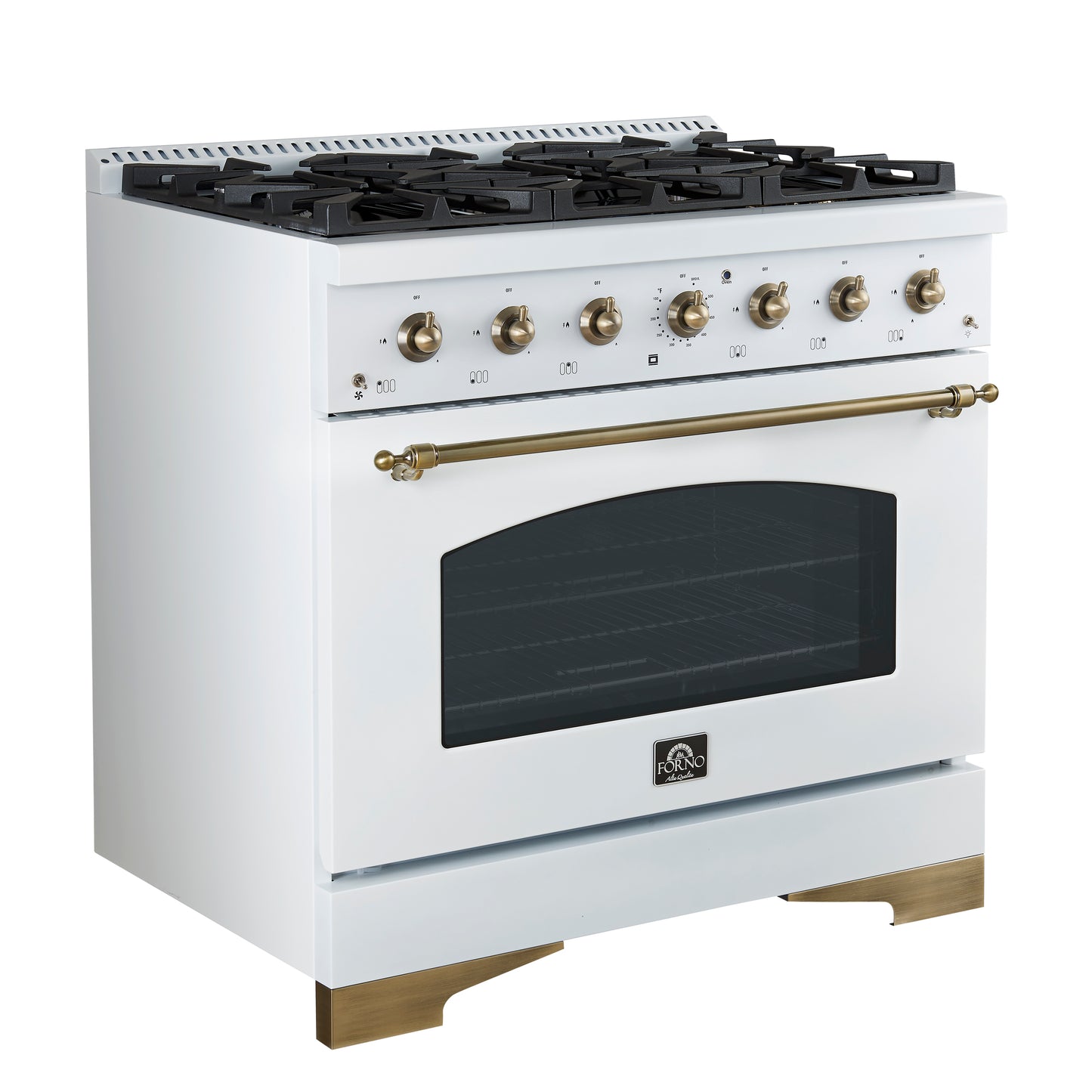 Forno Antico 36-Inch Freestanding Gas Range, White, Antique Brass Design, 6 Burners, Convection Oven, Energy Efficient - Forno Appliances