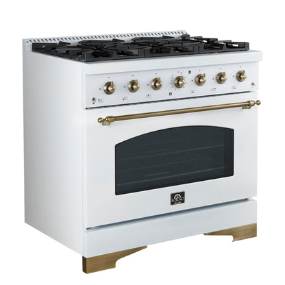 Forno Antico 36-Inch Freestanding Gas Range, White, Antique Brass Design, 6 Burners, Convection Oven, Energy Efficient - Forno Appliances