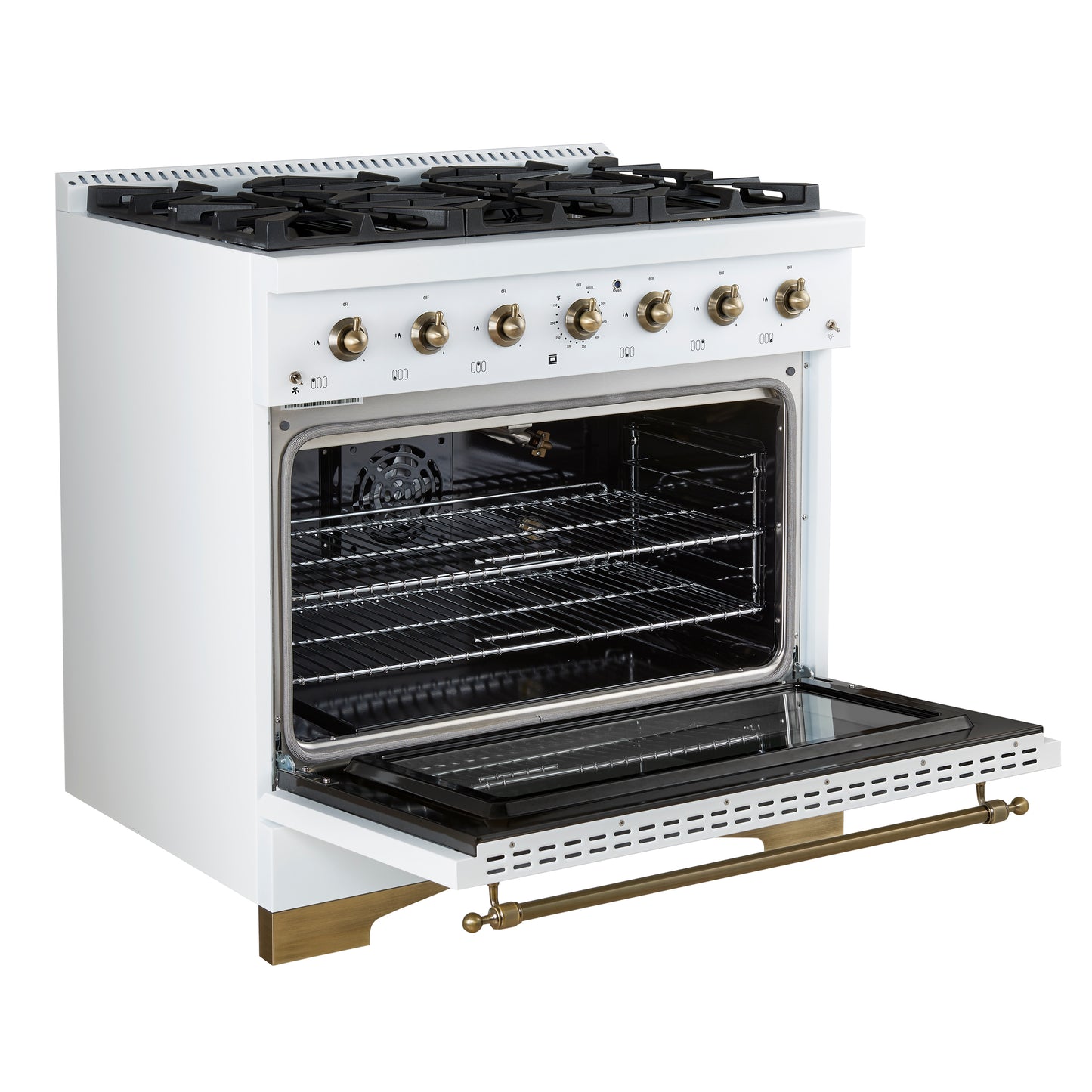 Forno Antico 36-Inch Freestanding Gas Range, White, Antique Brass Design, 6 Burners, Convection Oven, Energy Efficient - Forno Appliances