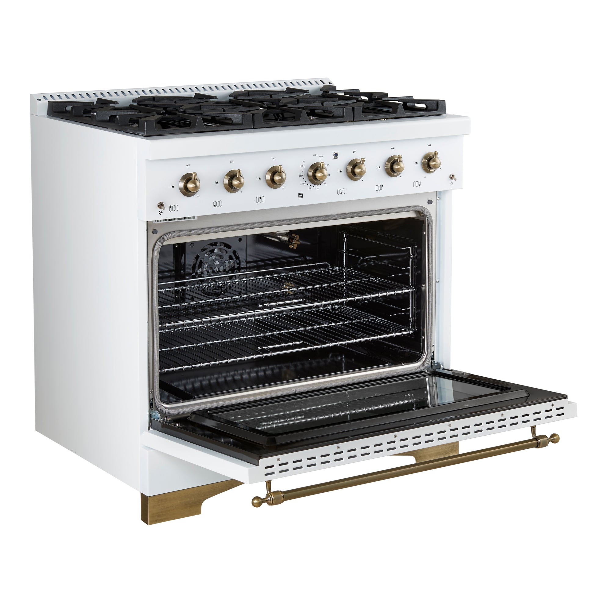 Forno Antico 36-Inch Freestanding Gas Range, White, Antique Brass Design, 6 Burners, Convection Oven, Energy Efficient - Forno Appliances