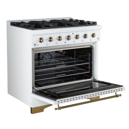 Forno Antico 36-Inch Freestanding Gas Range, White, Antique Brass Design, 6 Burners, Convection Oven, Energy Efficient - Forno Appliances