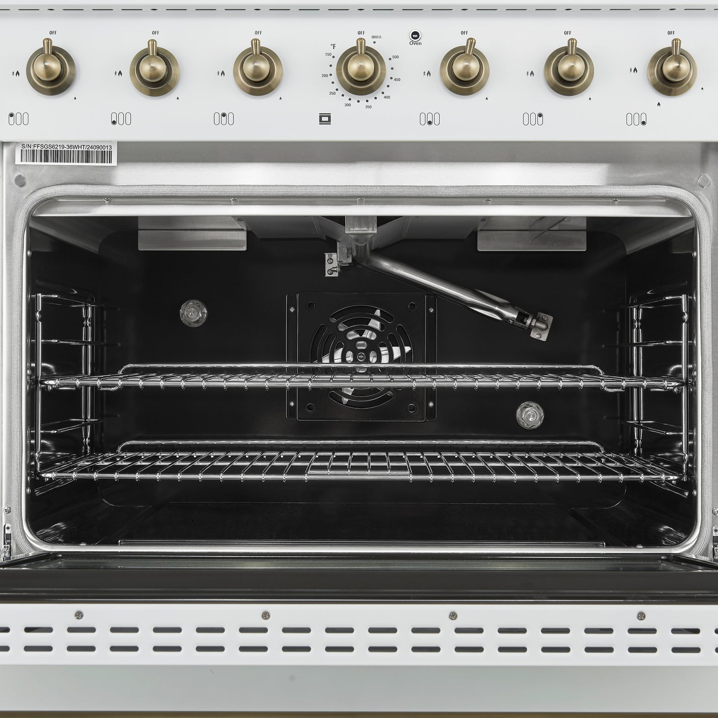 Forno Antico 36-Inch Freestanding Gas Range, White, Antique Brass Design, 6 Burners, Convection Oven, Energy Efficient - Forno Appliances