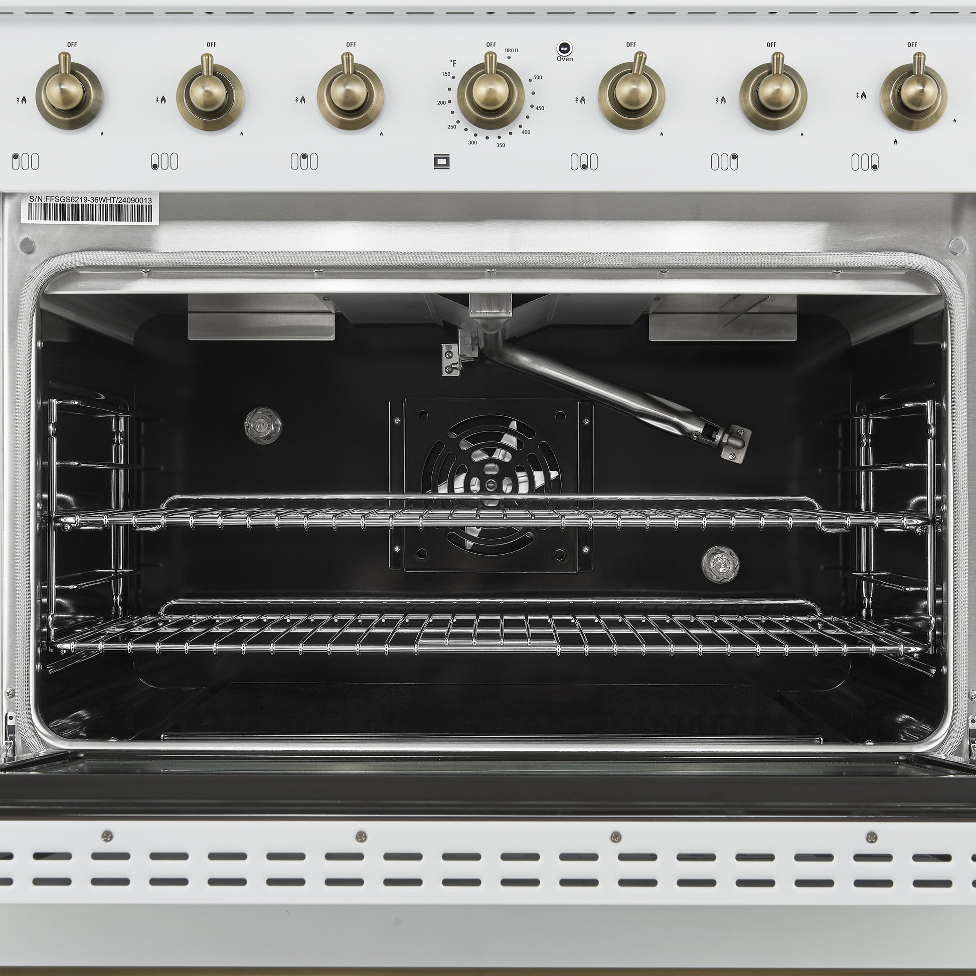 Forno Antico 36-Inch Freestanding Gas Range, White, Antique Brass Design, 6 Burners, Convection Oven, Energy Efficient - Forno Appliances
