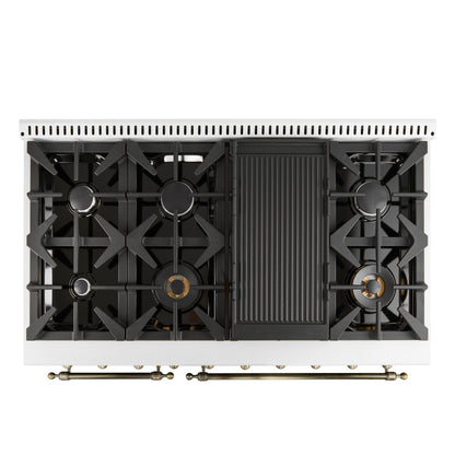 Forno Antico 48-Inch Freestanding Gas Range, White, Antique Brass Design, 8 Burners, Griddle, Double Ovens, Energy Efficient - Forno Appliances