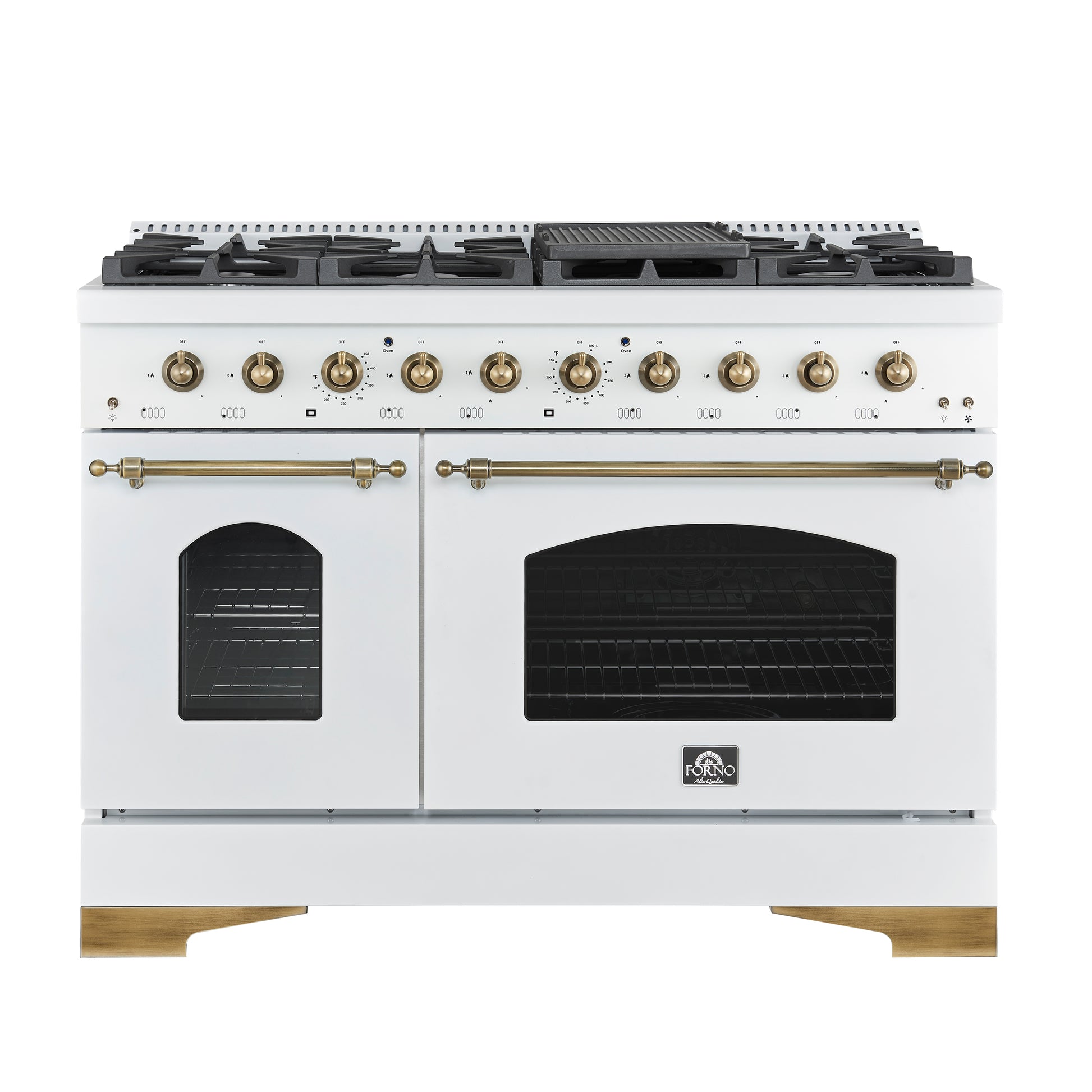Forno Antico 48-Inch Freestanding Gas Range, White, Antique Brass Design, 8 Burners, Griddle, Double Ovens, Energy Efficient - Forno Appliances
