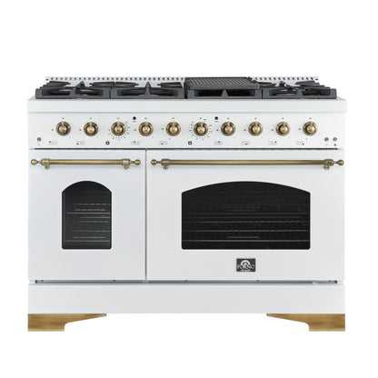 Forno Antico 48-Inch Freestanding Gas Range, White, Antique Brass Design, 8 Burners, Griddle, Double Ovens, Energy Efficient - Forno Appliances