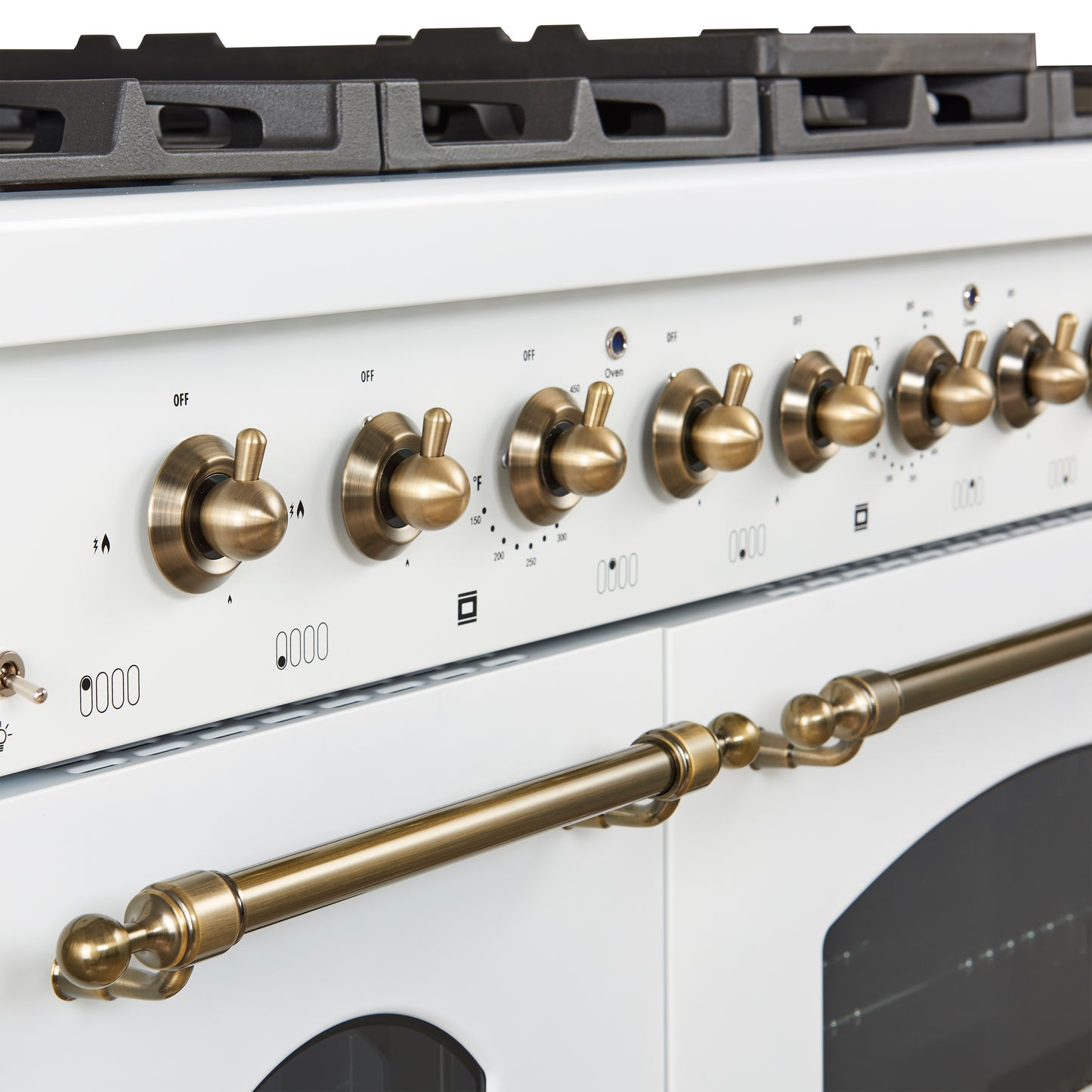 Forno Antico 48-Inch Freestanding Gas Range, White, Antique Brass Design, 8 Burners, Griddle, Double Ovens, Energy Efficient - Forno Appliances