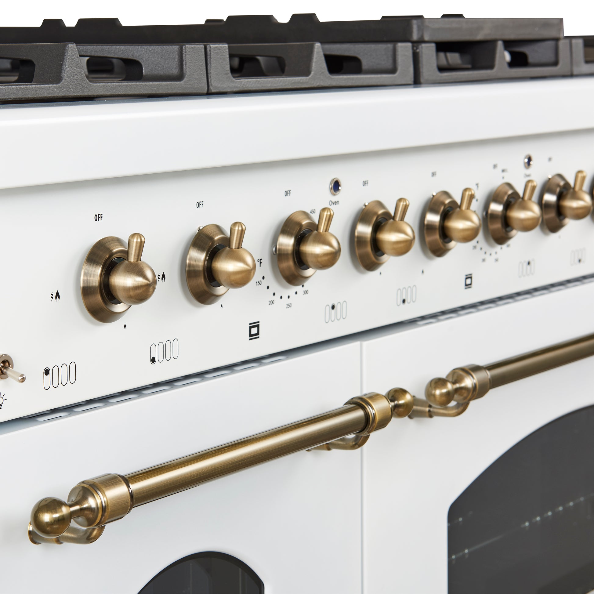 Forno Antico 48-Inch Freestanding Gas Range, White, Antique Brass Design, 8 Burners, Griddle, Double Ovens, Energy Efficient - Forno Appliances