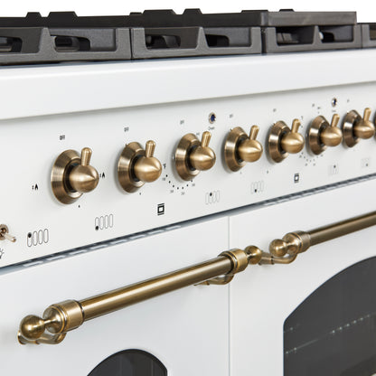 Forno Antico 48-Inch Freestanding Gas Range, White, Antique Brass Design, 8 Burners, Griddle, Double Ovens, Energy Efficient - Forno Appliances
