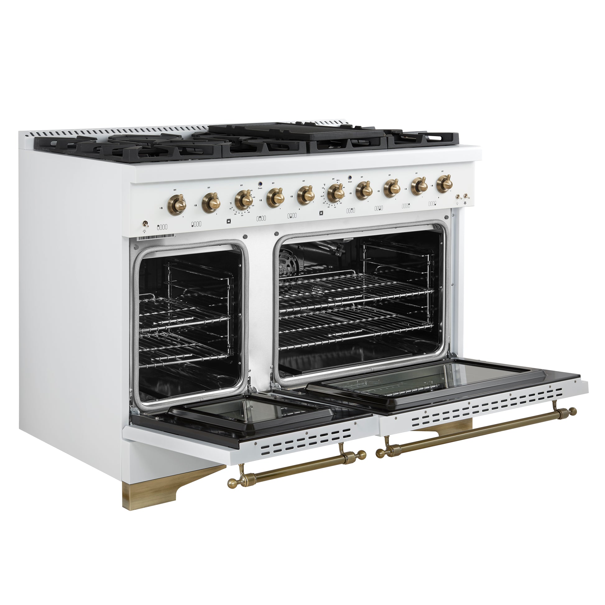 Forno Antico 48-Inch Freestanding Gas Range, White, Antique Brass Design, 8 Burners, Griddle, Double Ovens, Energy Efficient - Forno Appliances