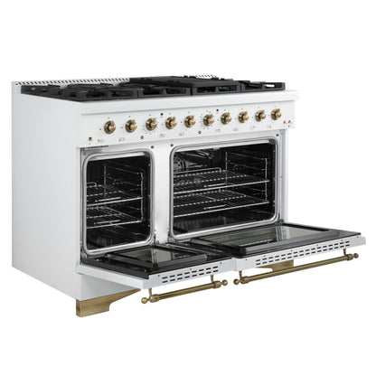 Forno Antico 48-Inch Freestanding Gas Range, White, Antique Brass Design, 8 Burners, Griddle, Double Ovens, Energy Efficient - Forno Appliances