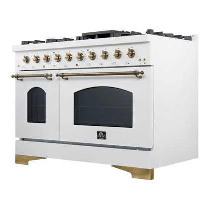 Forno Antico 48-Inch Freestanding Gas Range, White, Antique Brass Design, 8 Burners, Griddle, Double Ovens, Energy Efficient - Forno Appliances