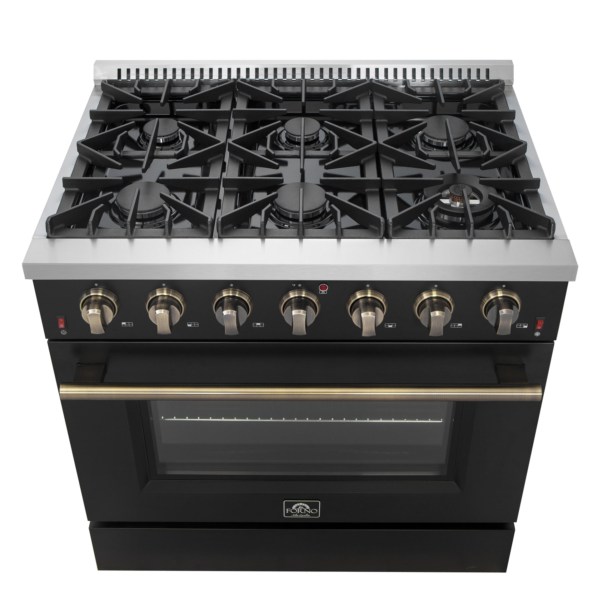 Forno Galiano 36-inch Freestanding Gas Range in Black with Antique Brass Design, 6 Burners, 83,000 BTU, 5.36 cu.ft. Convection Oven - Forno Appliances
