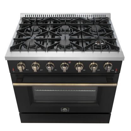 Forno Galiano 36-inch Freestanding Gas Range in Black with Antique Brass Design, 6 Burners, 83,000 BTU, 5.36 cu.ft. Convection Oven - Forno Appliances