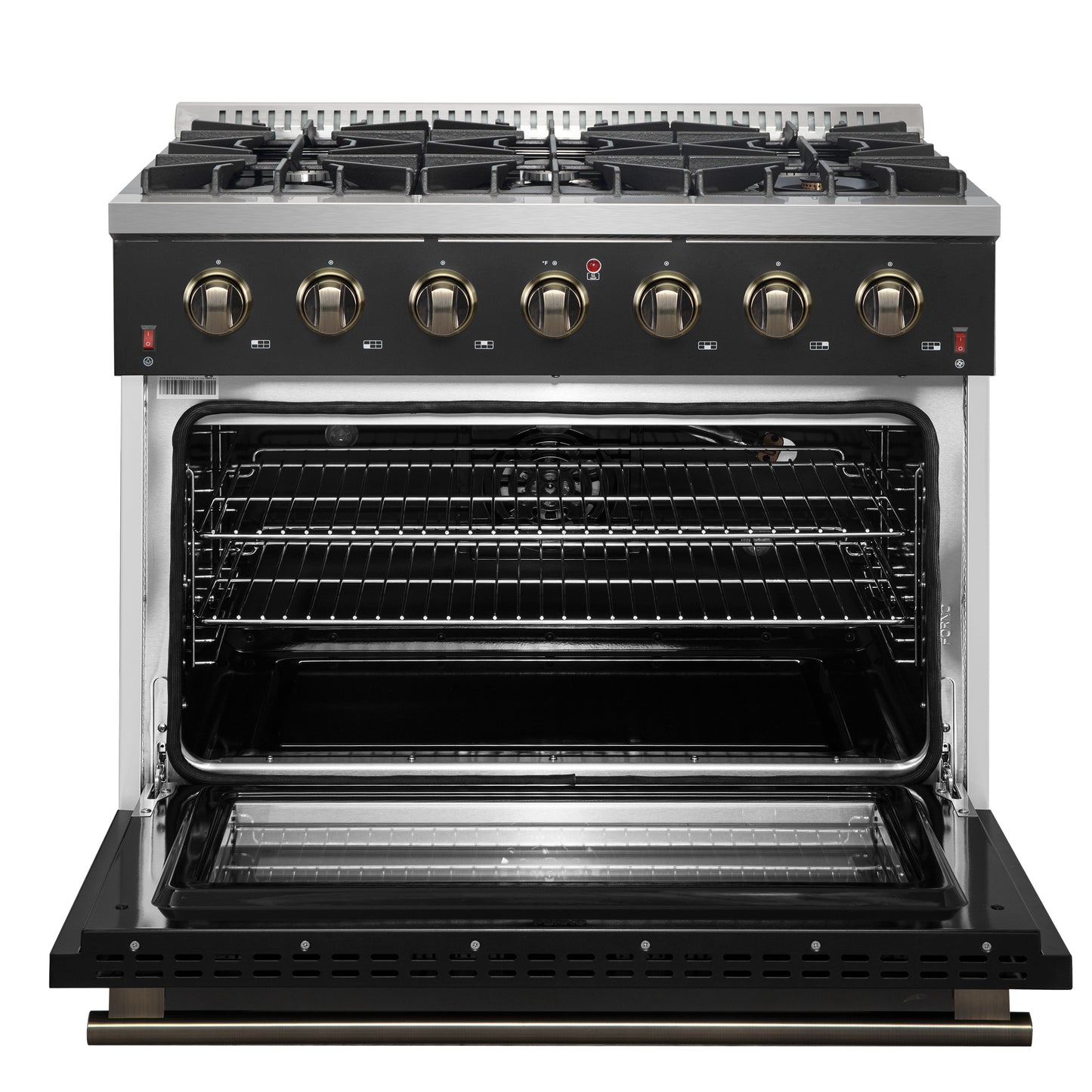 Forno Galiano 36-inch Freestanding Gas Range in Black with Antique Brass Design, 6 Burners, 83,000 BTU, 5.36 cu.ft. Convection Oven - Forno Appliances