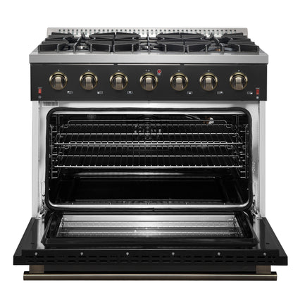 Forno Galiano 36-inch Freestanding Gas Range in Black with Antique Brass Design, 6 Burners, 83,000 BTU, 5.36 cu.ft. Convection Oven - Forno Appliances