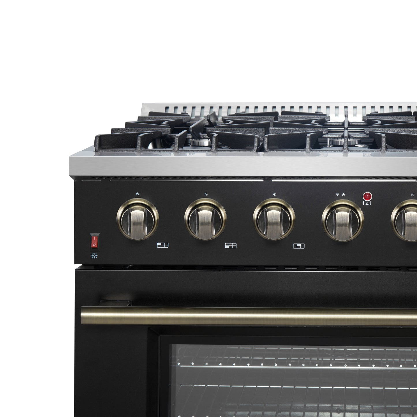 Forno Galiano 36-inch Freestanding Gas Range in Black with Antique Brass Design, 6 Burners, 83,000 BTU, 5.36 cu.ft. Convection Oven - Forno Appliances