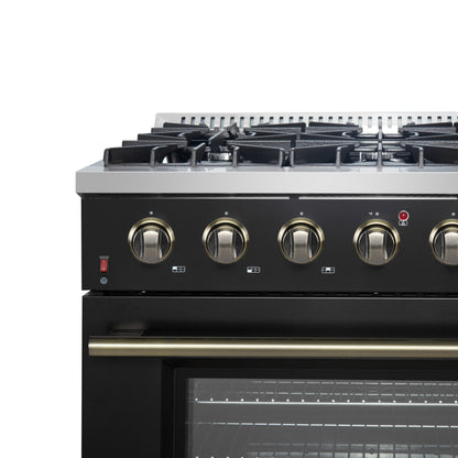Forno Galiano 36-inch Freestanding Gas Range in Black with Antique Brass Design, 6 Burners, 83,000 BTU, 5.36 cu.ft. Convection Oven - Forno Appliances