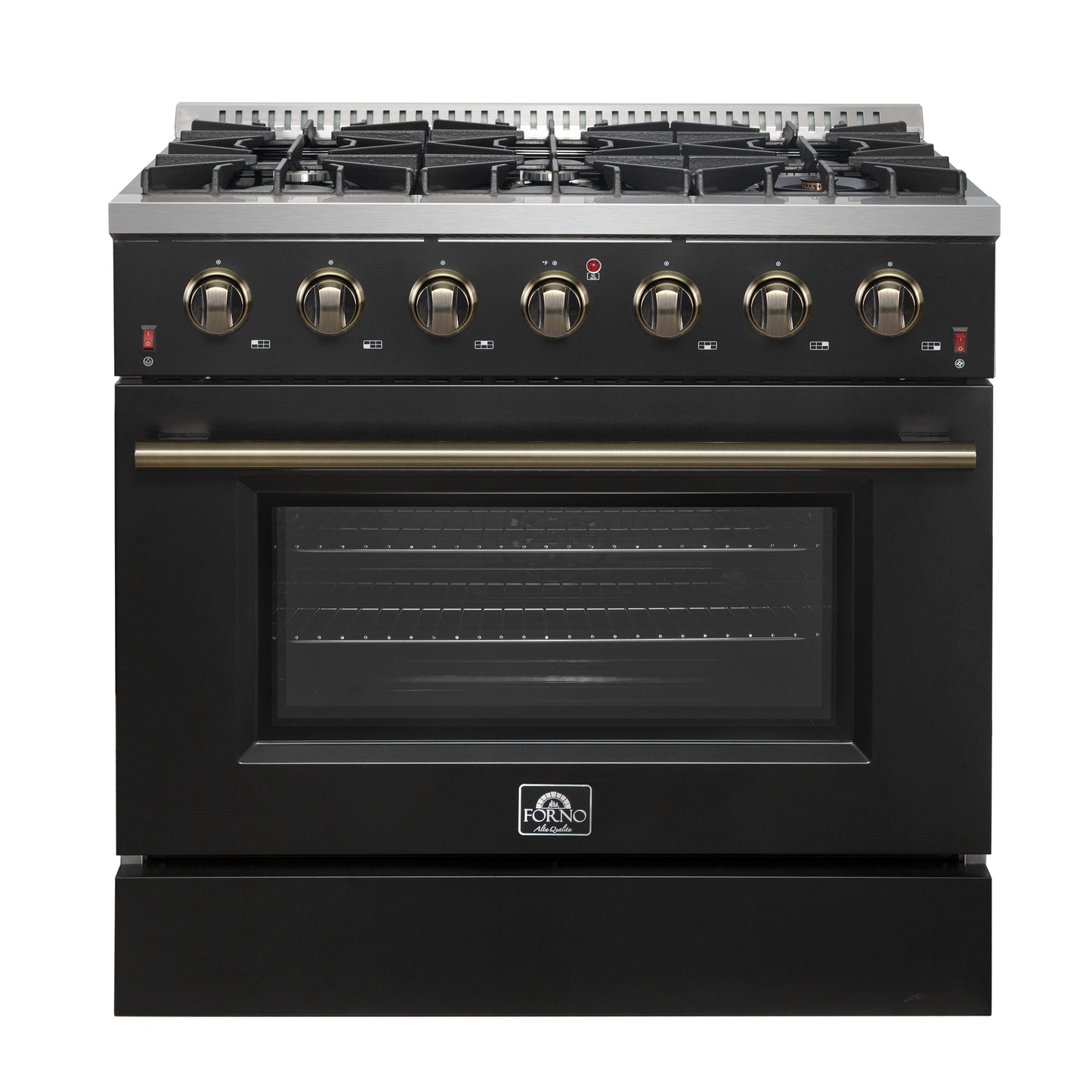 Forno Galiano 36-inch Freestanding Gas Range in Black with Antique Brass Design, 6 Burners, 83,000 BTU, 5.36 cu.ft. Convection Oven - Forno Appliances