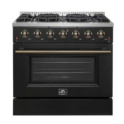 Forno Galiano 36-inch Freestanding Gas Range in Black with Antique Brass Design, 6 Burners, 83,000 BTU, 5.36 cu.ft. Convection Oven - Forno Appliances